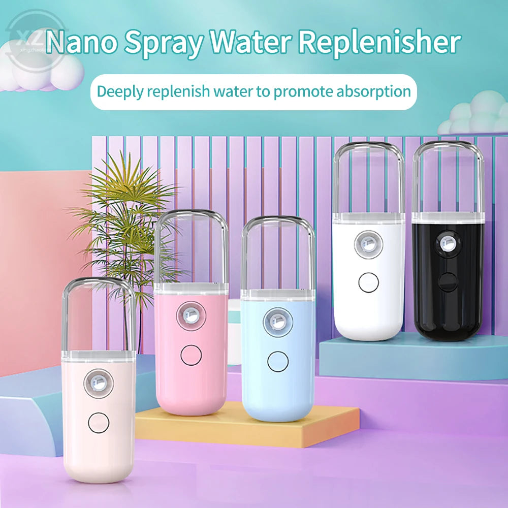 Nano Spray Water Replenisher with various colors on a colorful background