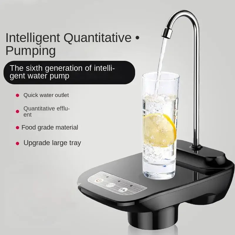 Black Water Bottle Pump Dispenser with intelligent quantitative pumping, quick outlet, food-grade material, and large tray upgrade.