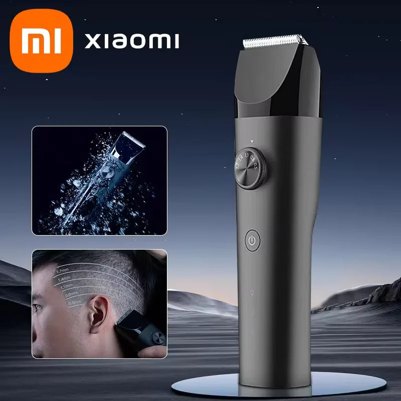 XIAOMI MIJIA Hair Trimmer Machine in use, showing 19 length settings from 0.5mm to 1.7mm for precise haircuts and fades.