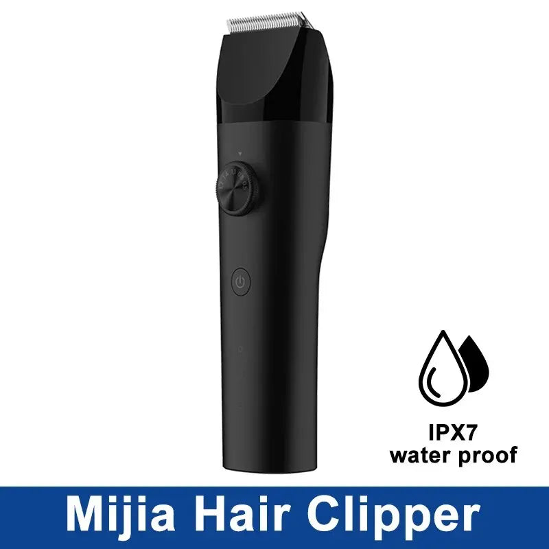 Black XIAOMI MIJIA Hair Trimmer Machine with IPX7 waterproof label, featuring adjustable length settings for versatile styling.