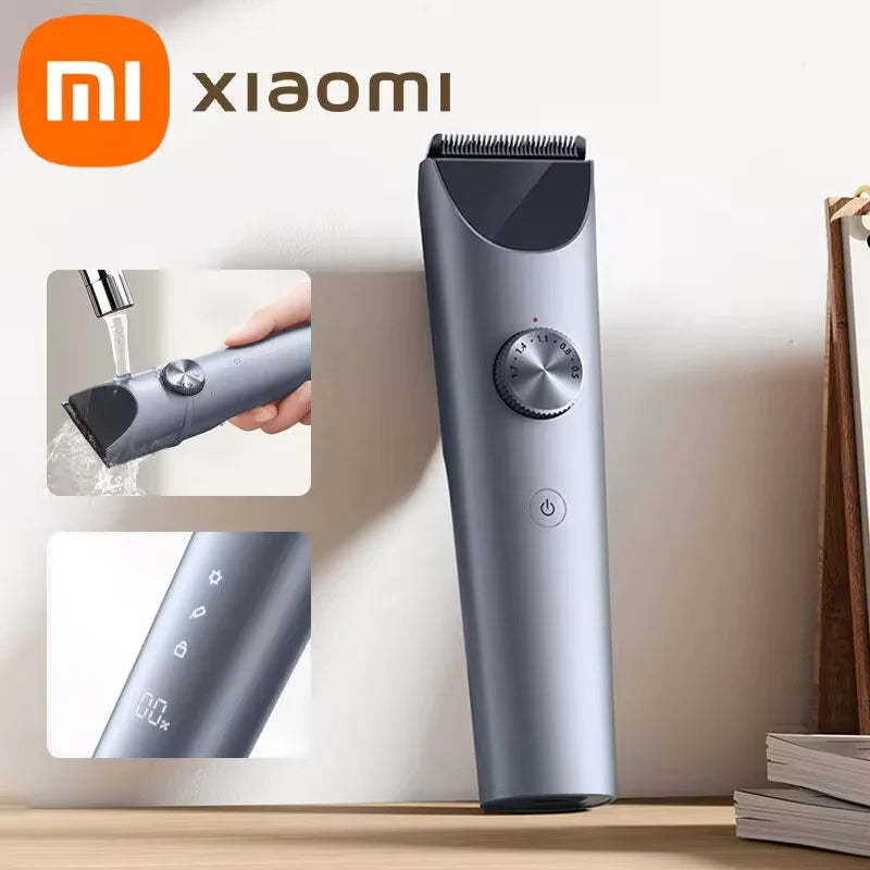 XIAOMI MIJIA Hair Trimmer Machine being rinsed under water, showcasing IPX7 waterproofing and easy cleaning on a wooden surface.