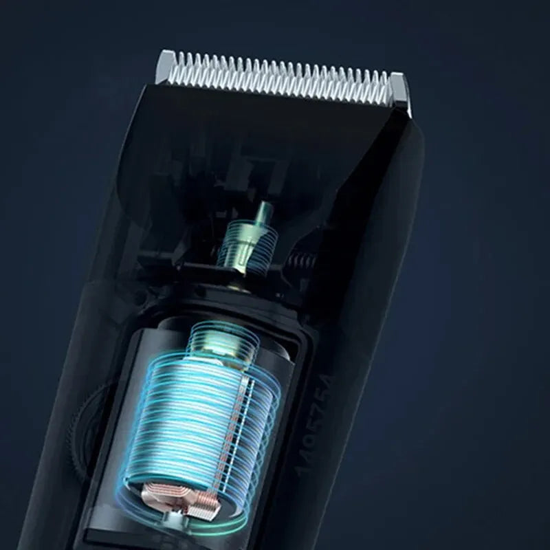 XIAOMI MIJIA Hair Trimmer Machine with a view of its high-performance motor and titanium-plated ceramic blade for precision cuts.