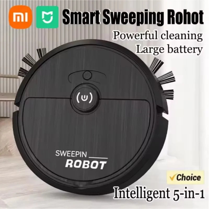Black Xiaomi Electric Sweeper with intelligent 5-in-1 cleaning, powerful suction, and large battery life in a modern room setting.