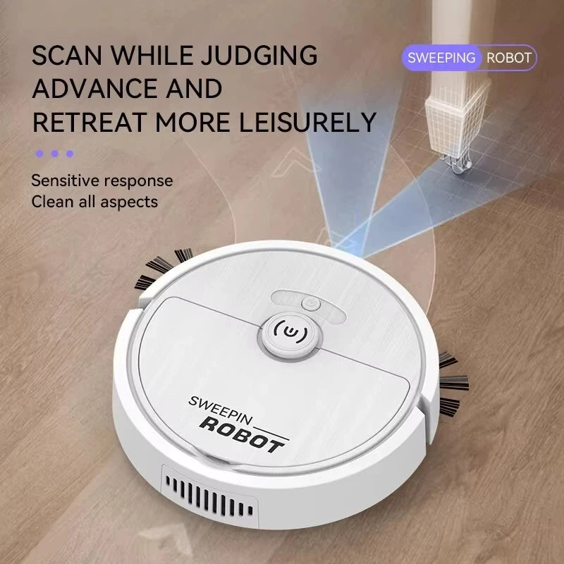 White Xiaomi Electric Sweeper scanning and navigating with sensitive response, cleaning all aspects in a modern room setup.