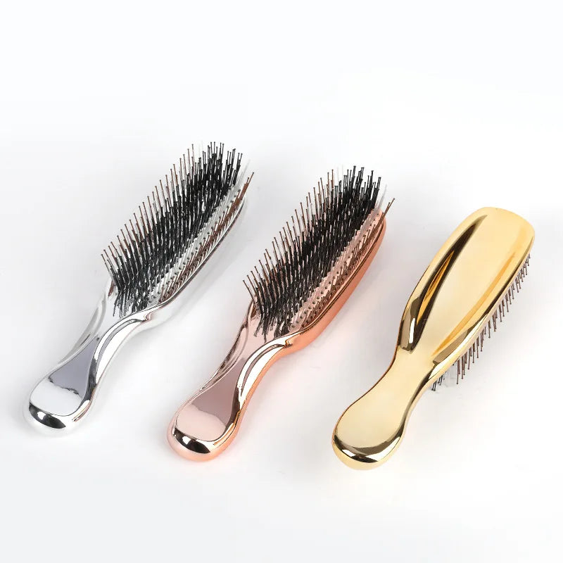 Set of metallic head massage combs – silver, rose gold, and gold detangling brushes for stylish haircare