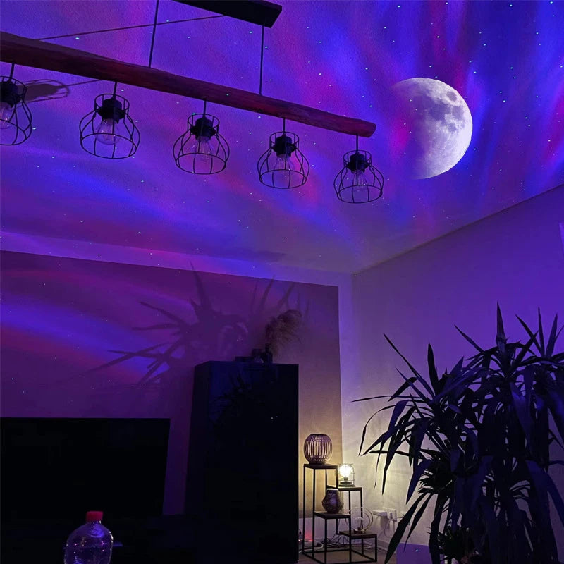 Starry sky and moon light effect from aurora projector in bedroom