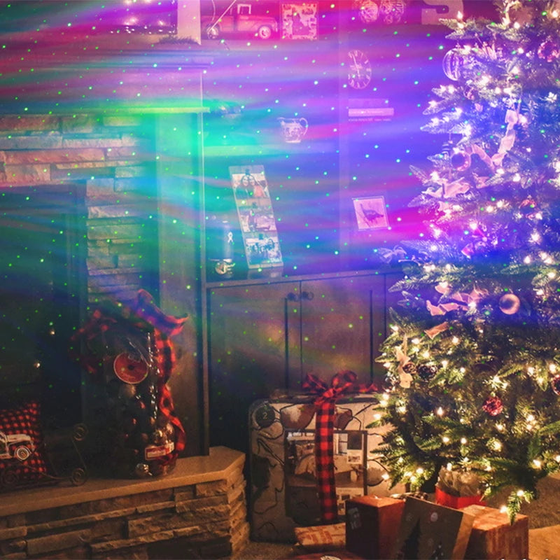 Colorful aurora lights projected in cozy Christmas living room