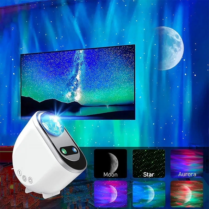Aurora Borealis projector showing moon, stars, and nebula modes