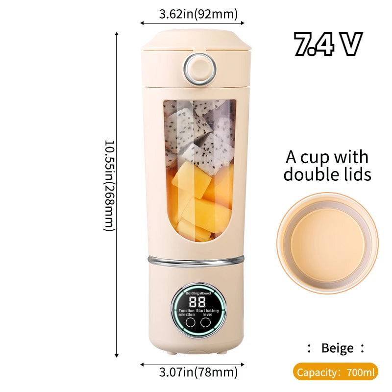 Beige portable blender with dimensions and capacity details on a white background