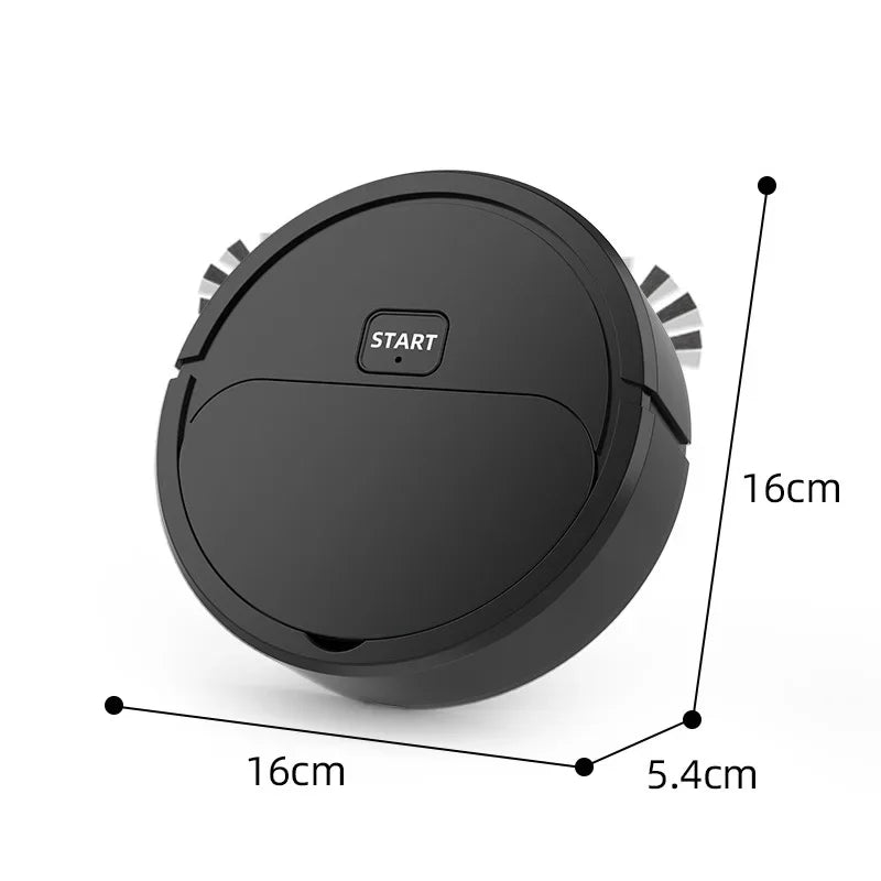Compact black robot vacuum cleaner with dimensions 16x16x5.4 cm