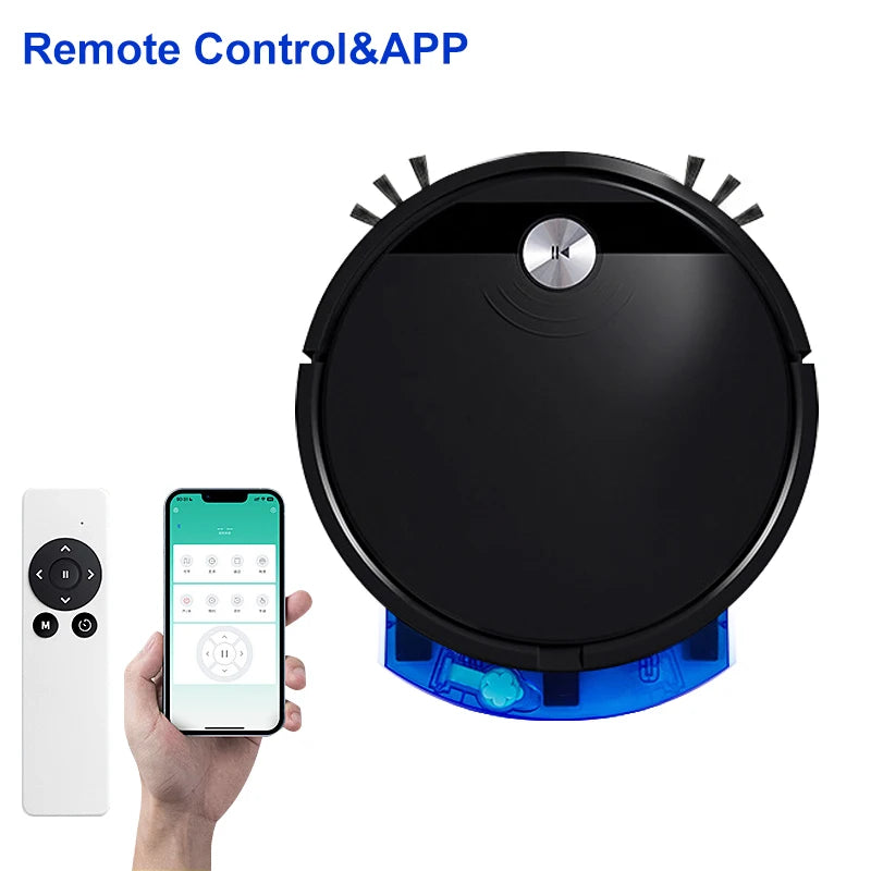 Black smart vacuum cleaner controlled via app or remote