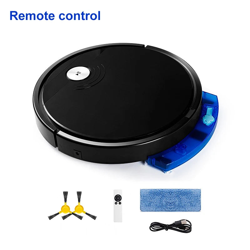Remote-controlled black robot vacuum cleaner with cleaning accessories