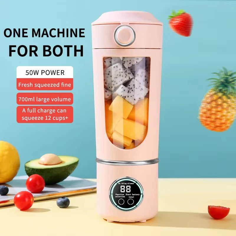 Pink portable blender with fruits on a blue background