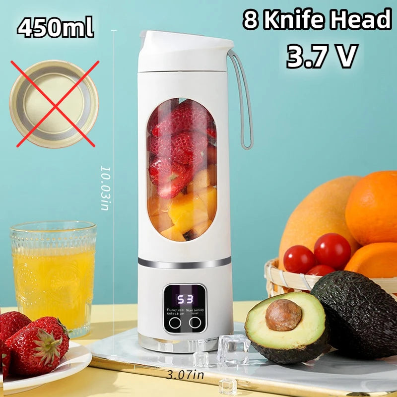 Portable blender with fruit, glass of juice, and text indicating specifications on a light blue background