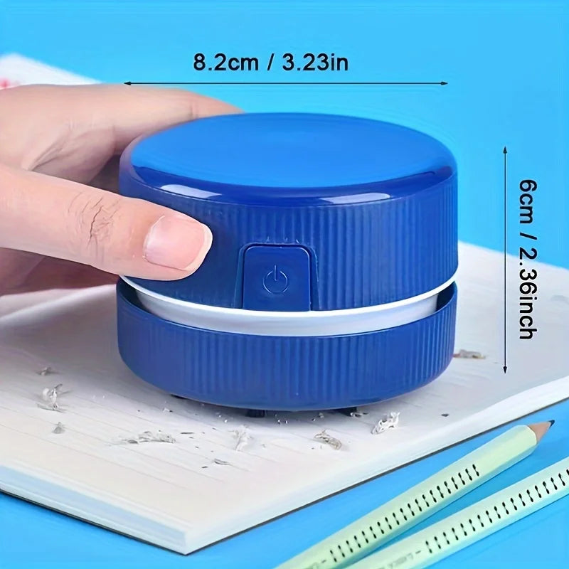 Blue cylindrical device with a power button held by a hand, on a blue background with measurements shown.