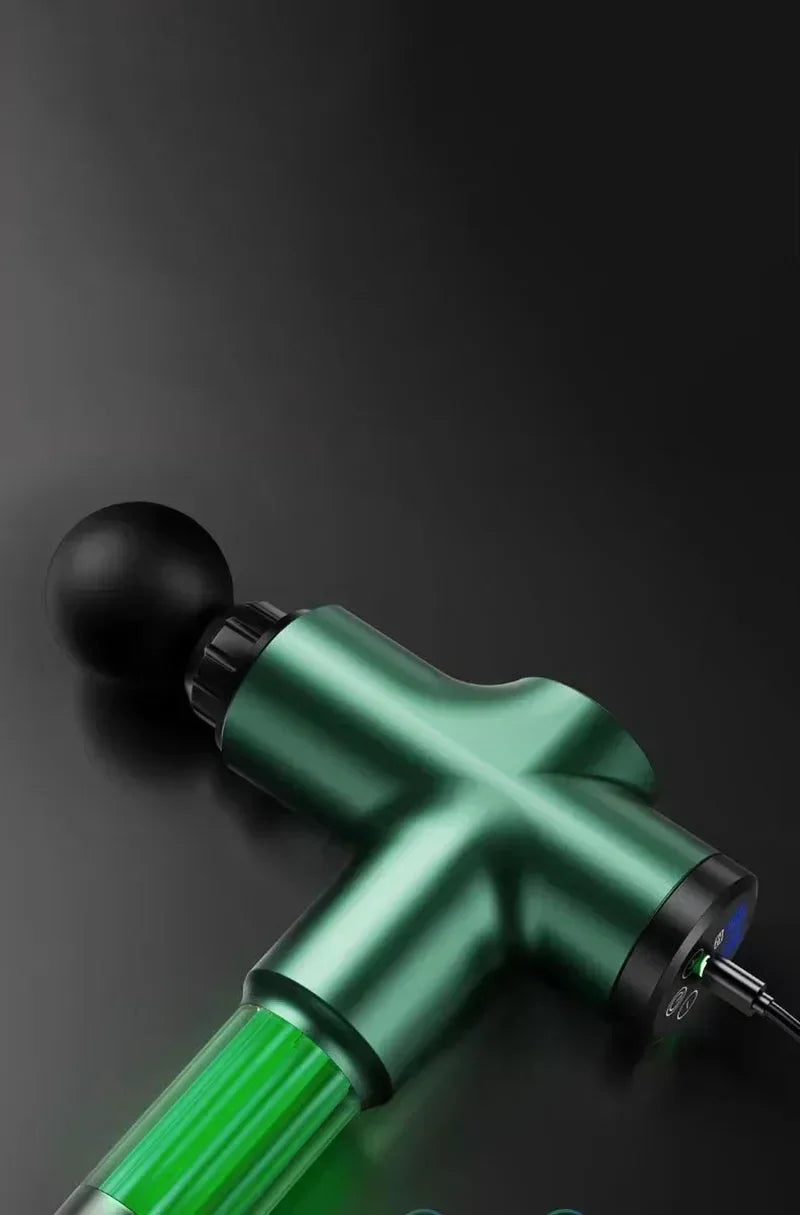 Green Deep Tissue Massage Gun with a USB-C charging cable, showcasing its long-lasting battery and sleek design for deep muscle therapy.