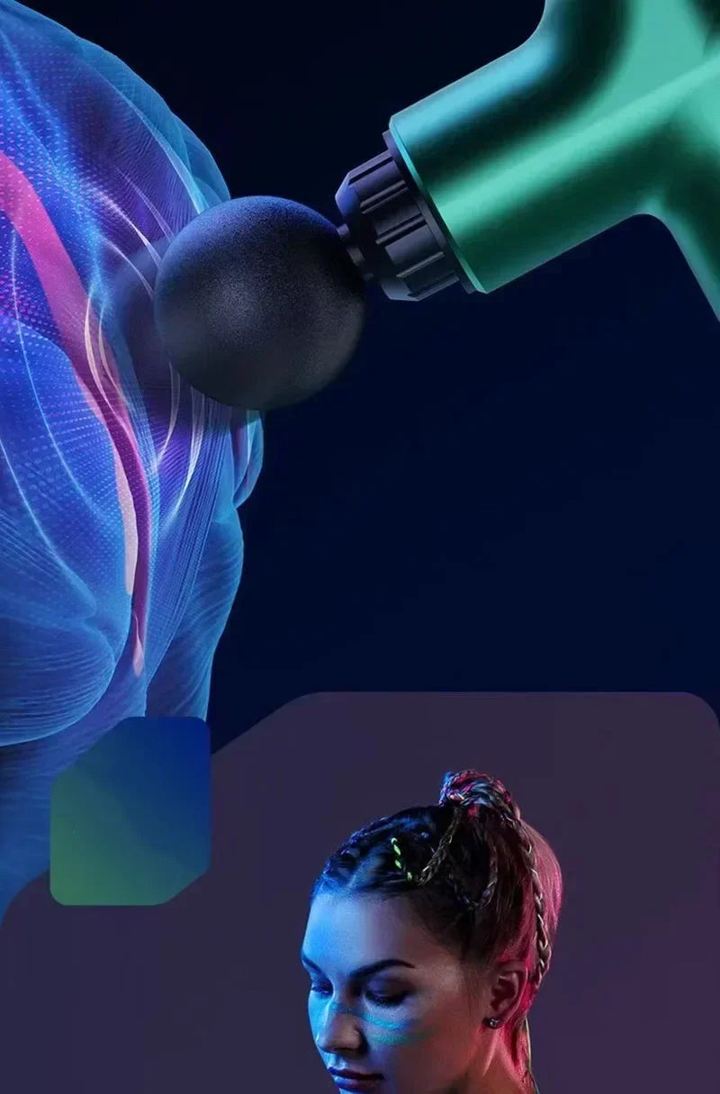 Green Deep Tissue Massage Gun being used on the back, emphasizing its 9-level strength and lightweight design for deep muscle relaxation.