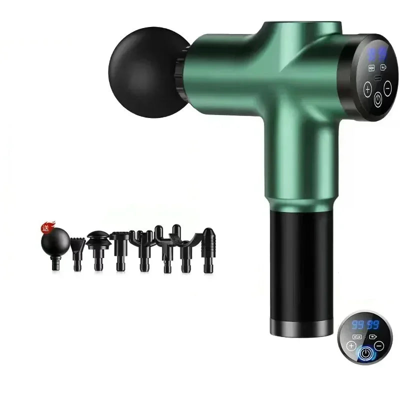 Green Deep Tissue Massage Gun with six massage heads, featuring a digital display showing 99% battery, ideal for deep tissue therapy.