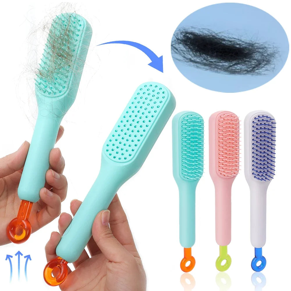 Removing hair from mint-colored telescopic comb with hands