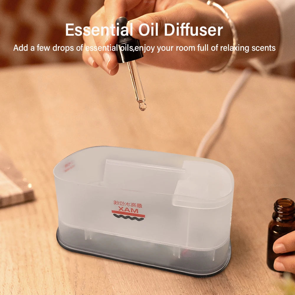 Person adding essential oil to a diffuser with text about relaxing scents.