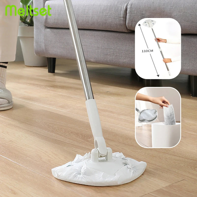 Disposable mop cleaning wooden floor near sofa