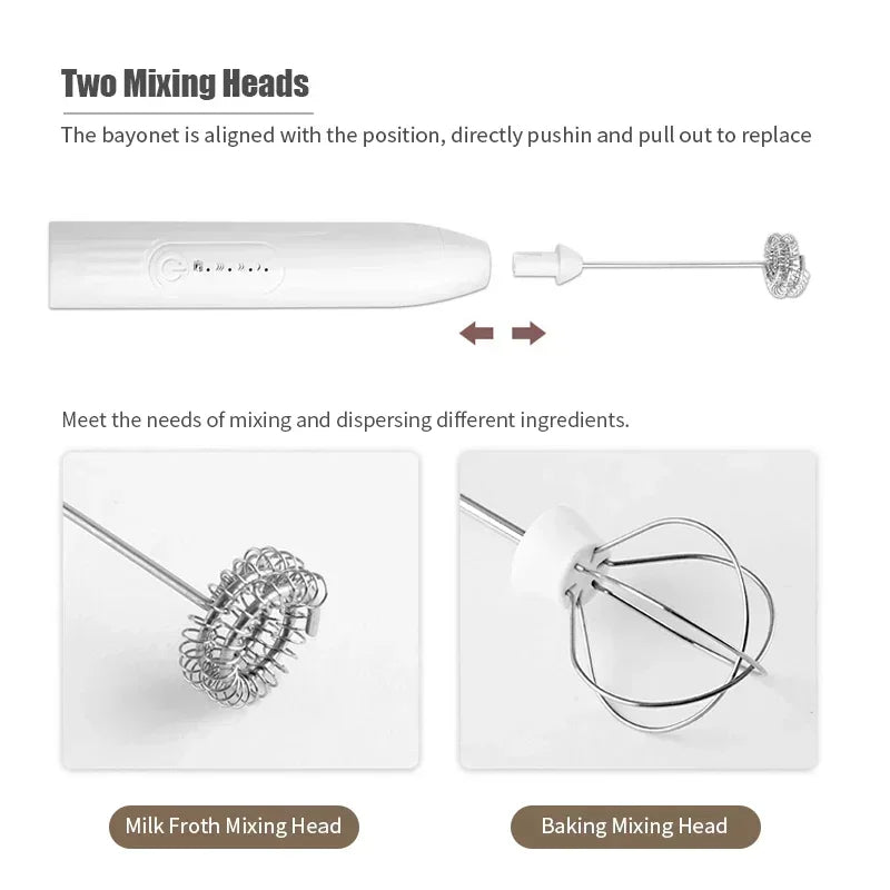 Two mixing heads for milk frothing and baking on electric USB rechargeable beater