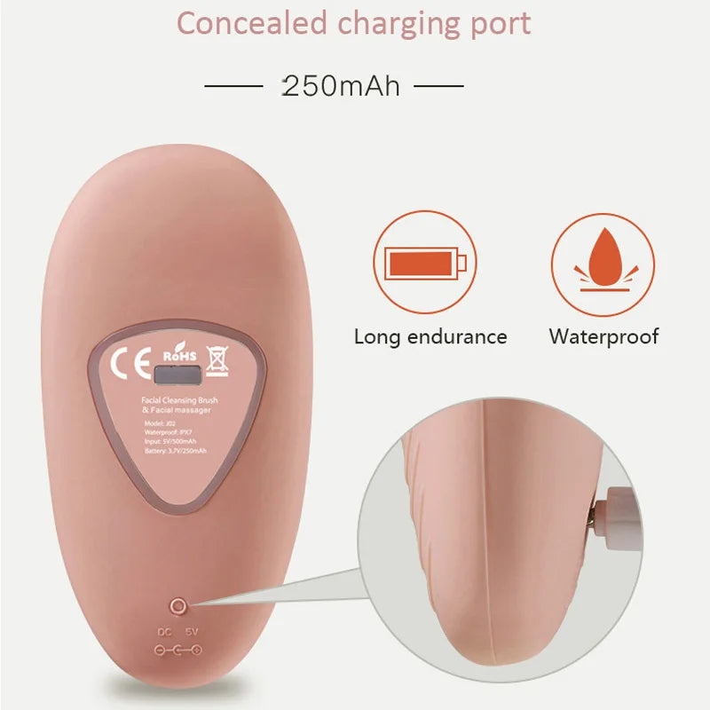 Back view of silicone face brush showing concealed charging port and waterproof design
