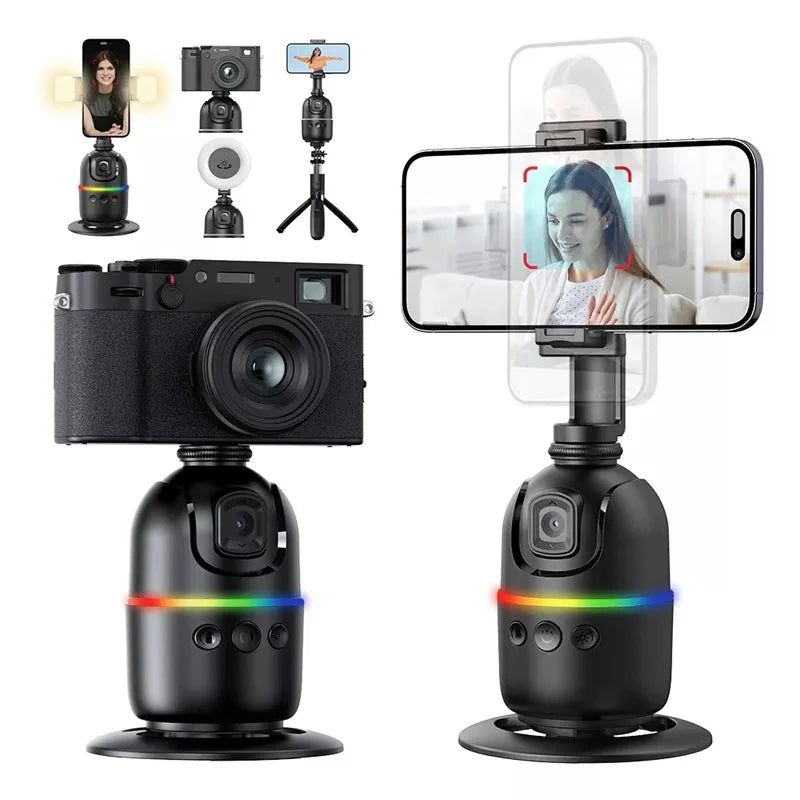 Camera and phone setup on dual-axis AI face tracking gimbal