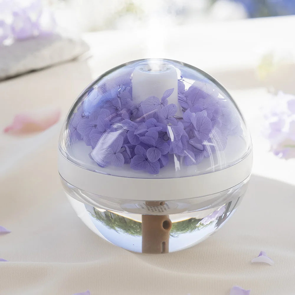 Clear spherical diffuser with purple flowers on a light background