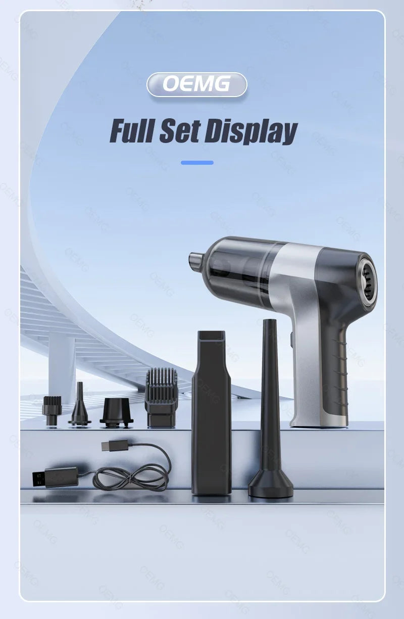 Full set of mini vacuum cleaner and attachments on display