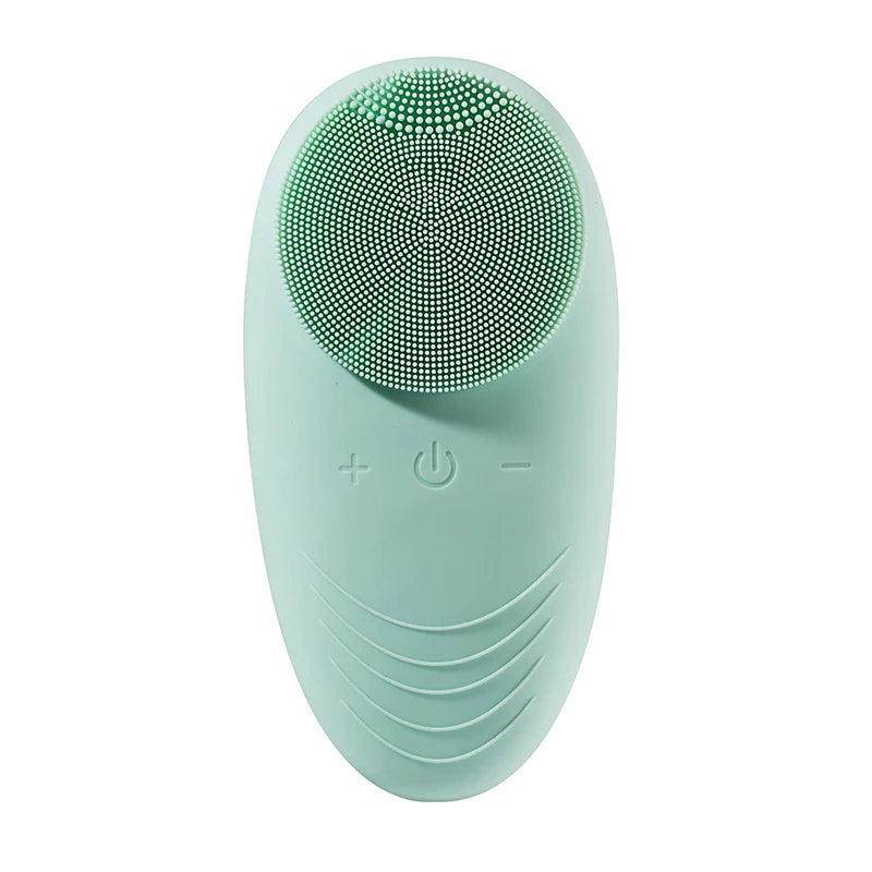 Mint green face scrubber with soft silicone bristles for daily use
