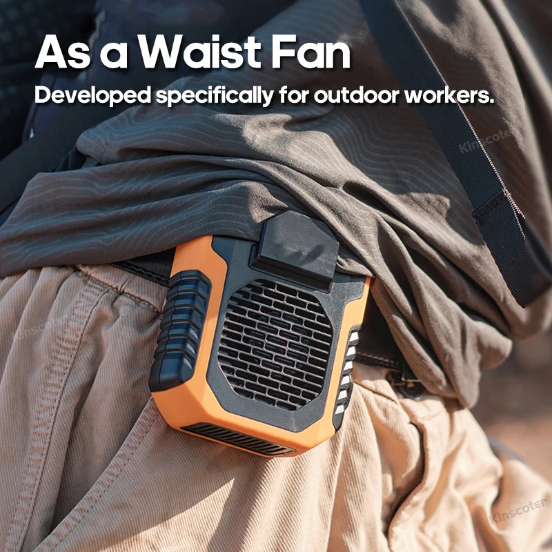 Waist fan clipped onto pants belt, ideal for outdoor workers and hands-free cooling