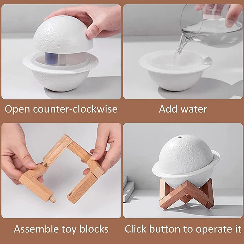 Step-by-step assembly and usage instructions for a white spherical device with wooden blocks.