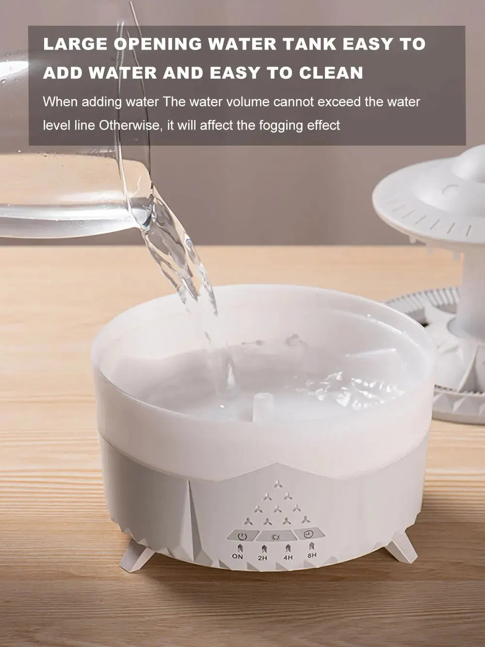 Water being added to a humidifier with text on a wooden surface