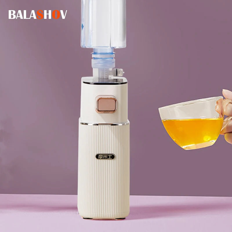 Hand pouring hot tea from an instant water dispenser with a one-touch heating button.