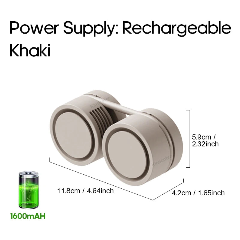 Khaki portable neck fan with 1600mAh battery and size dimensions