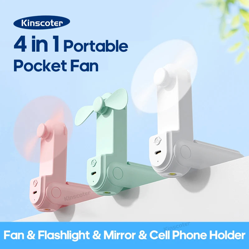 Kinscoter 4 in 1 portable USB mini fan in pink, green, and white colors