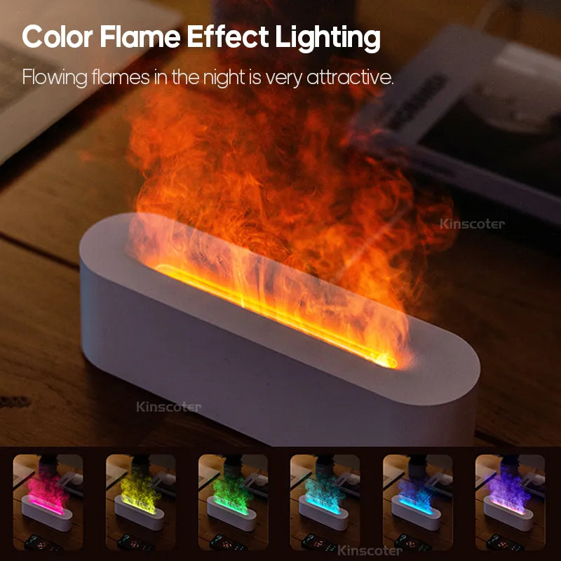 KINSCOTER diffuser glowing with colorful flame mist in low-light setting, remote controlled