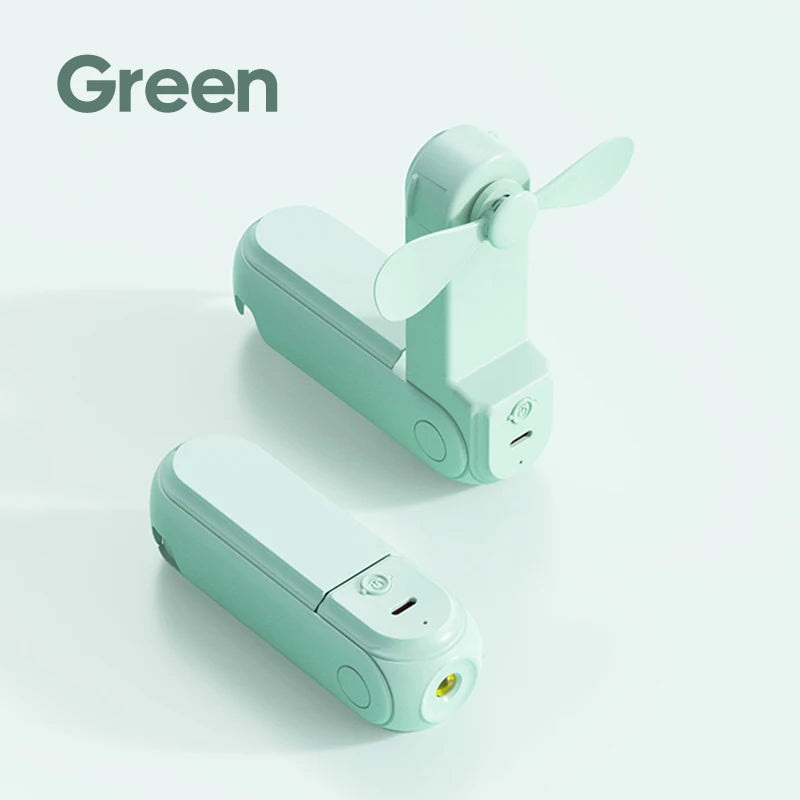Green handheld Kinscoter fan with USB charging and flashlight feature