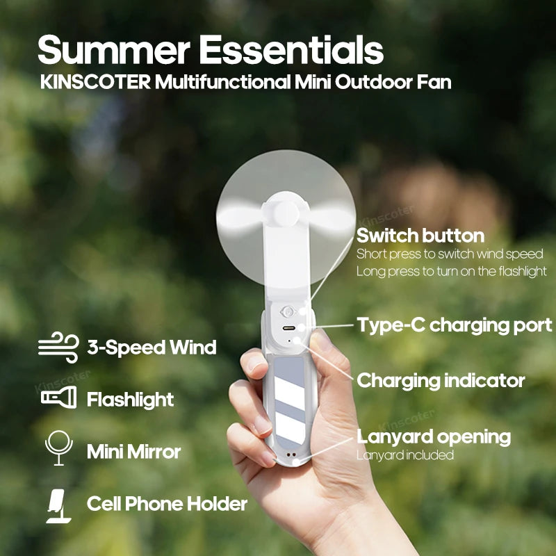 White Kinscoter summer essential fan with flashlight, mirror, and USB Type-C