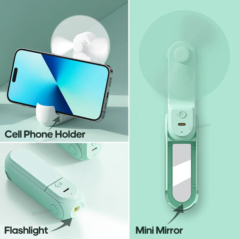Green Kinscoter mini fan with phone holder, mirror, and flashlight
