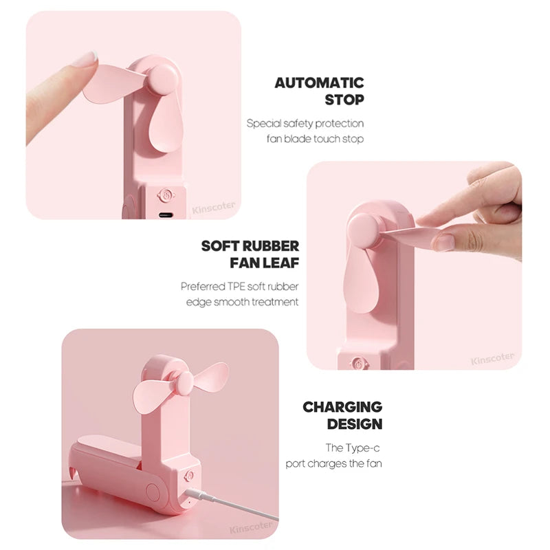 Pink Kinscoter handheld mini fan with USB Type-C charging and soft rubber blades