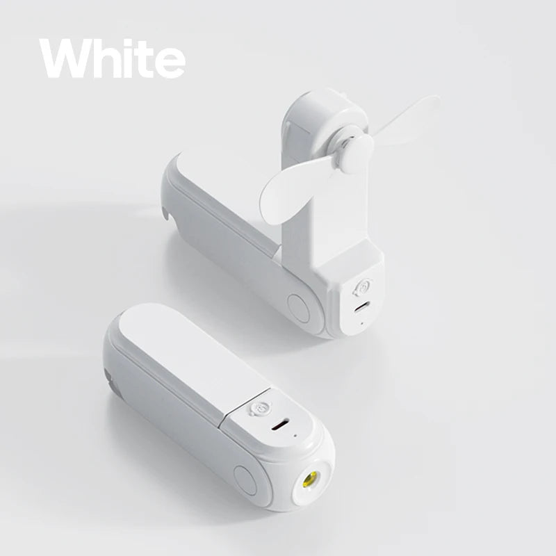 White mini pocket fan by Kinscoter, rechargeable and travel-friendly