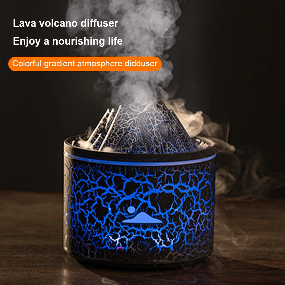 Glowing blue lava volcano diffuser releasing cool mist with highlighted text about colorful atmosphere.