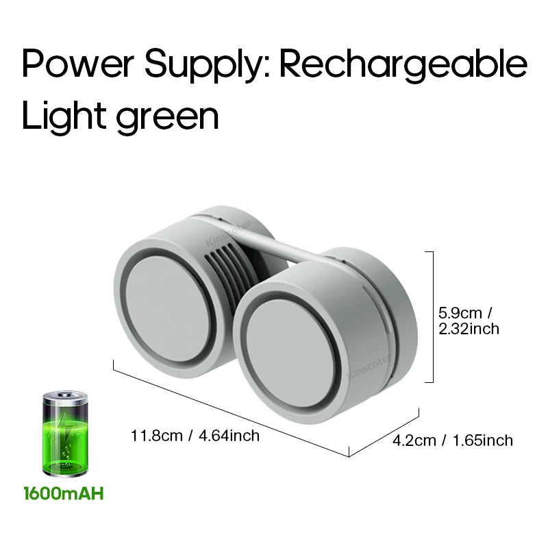 Light green portable neck fan with 1600mAh battery – dimensions included