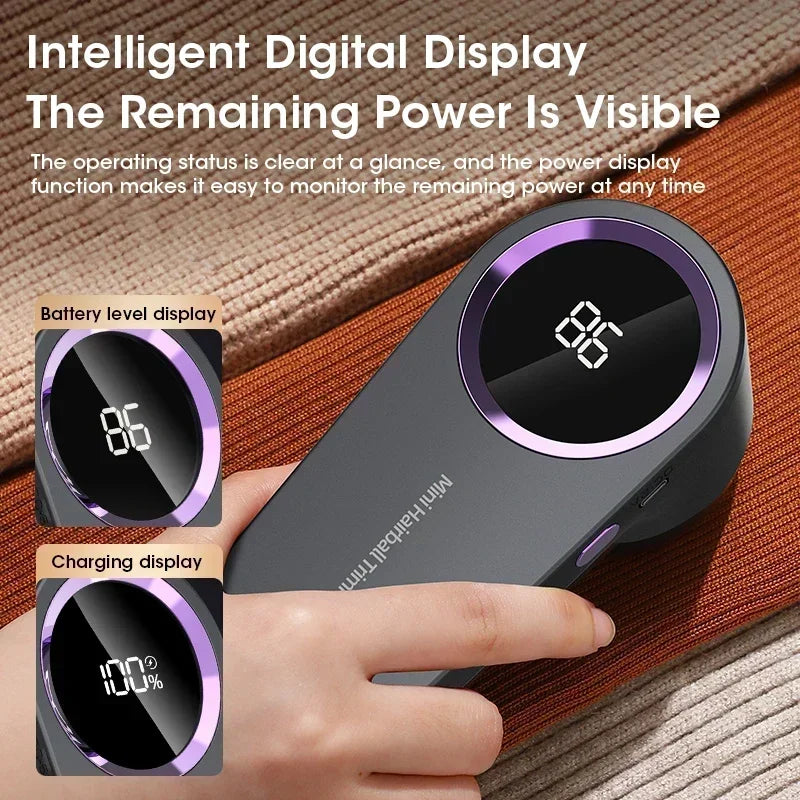 Grey Lint Remover For Clothing with intelligent digital display showing 86% battery, held over fabric for easy power monitoring.
