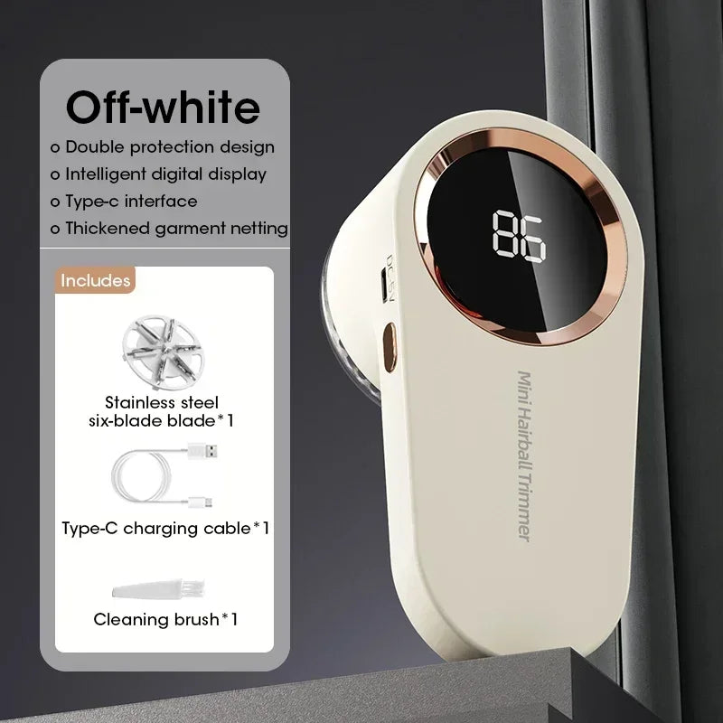 Off-white Lint Remover For Clothing with digital display at 86%, includes stainless steel six-blade, Type-C cable, and cleaning brush.