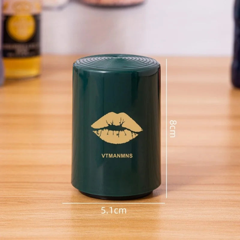 Green automatic beer opener with lips print and 8cm height dimension shown