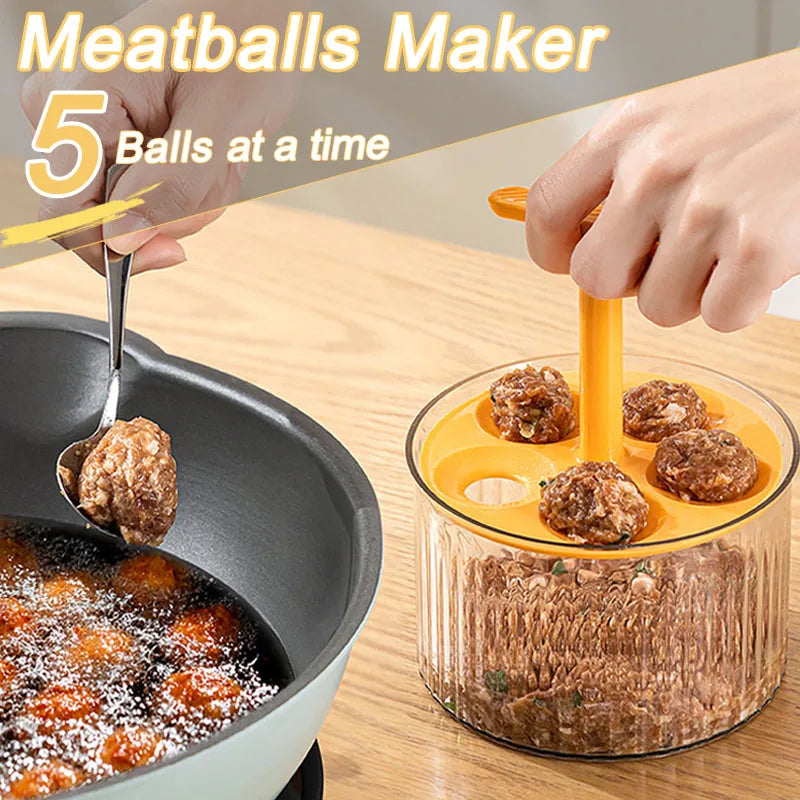 Meatball Maker shaping five meatballs at a time, with a pan of frying meatballs and a spoon lifting one, on a wooden surface.