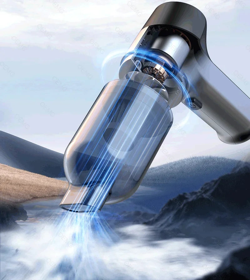 Powerful suction of mini car vacuum cleaner in action